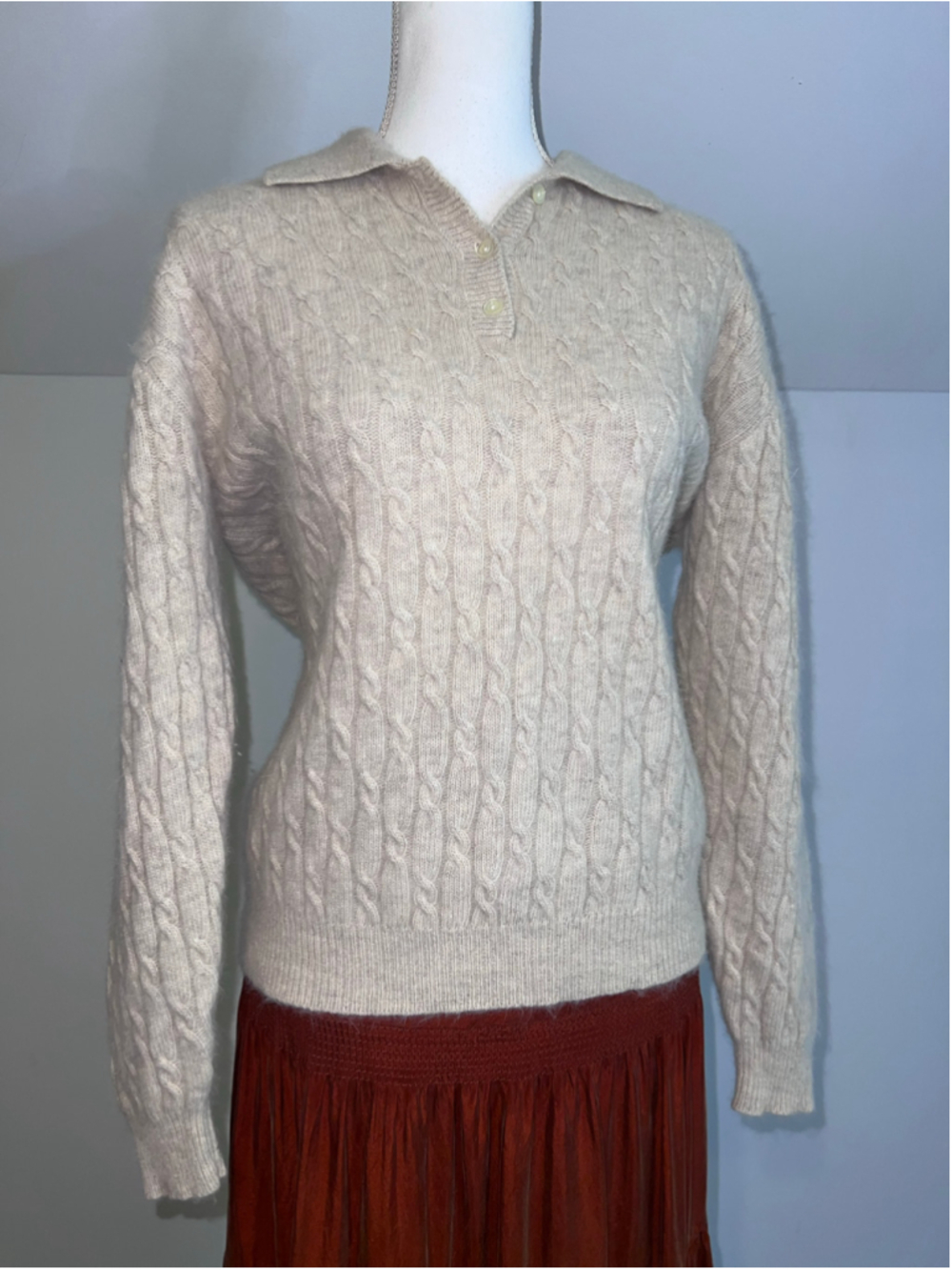 Charter Club Cable Knit Polo Sweater Beige Size M